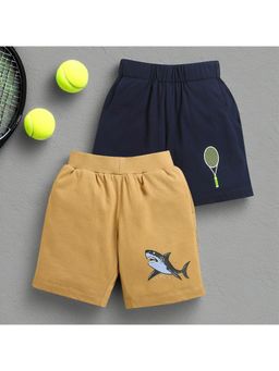 ZIP ZAP ZOOP - Mustard & Navy Blue Shark Tennis Racket Print Shorts (Pack of 2)