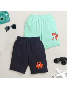 ZIP ZAP ZOOP - Mint Green & Navy Blue Walking Tiger Puzzel Print Shorts (Pack of 2)