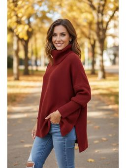 PARTIQ - Womens Full Sleeves Pullover Knitted Sweater - Burgundy
