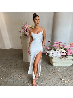 PARTIQ - Womens Hip Slit Party Slip Dress - White