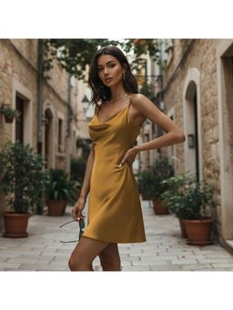 PARTIQ - Womens Elegant Satin Basic Backless Slip Dress - Brown