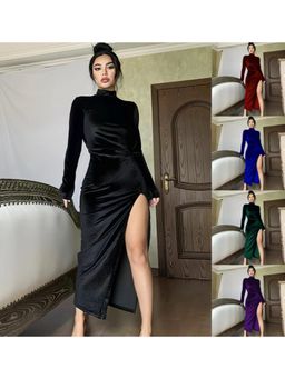 PARTIQ - Womens High-Neck Velvet Slim Pleated Slit Dress - Black