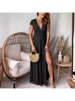 PARTIQ - Womens High Waist Slit Club Party Evening Dress - Black