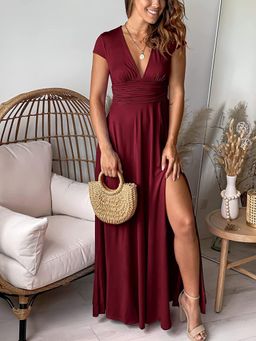 PARTIQ - Womens High Waist Slit Club Party Evening Dress - Burgundy