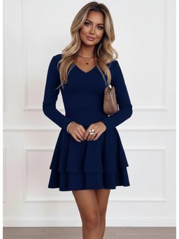 PARTIQ - Womens Pullover Spliced Hem Full Sleeve Dress - Blue