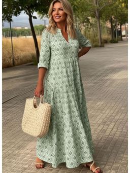 PARTIQ - Womens Retro Stand Collar Loose Long Dress - Green