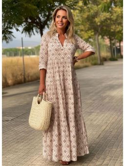 PARTIQ - Womens Retro Stand Collar Loose Long Dress - Pink