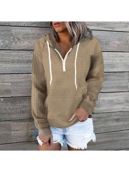 PARTIQ - Womens Zipper Hooded Front Pocket Waffle Full-Sleeve Hoodie - Khaki