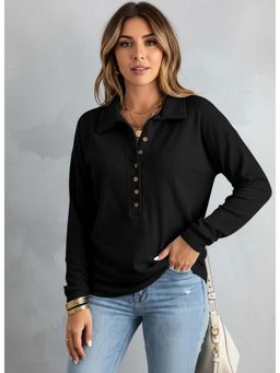 PARTIQ - Womens Single-Breasted Full Sleeve Loose Top - Black