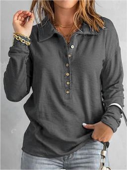 PARTIQ - Womens Single-Breasted Full Sleeve Loose Top - Grey