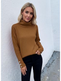 PARTIQ - Womens High-Cut Button Solid Loose Sweater - Brown