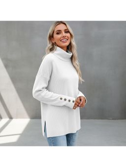 PARTIQ - Womens High-Cut Button Solid Loose Sweater - White