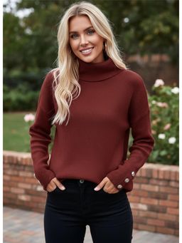 PARTIQ - Womens High-Cut Button Solid Loose Sweater - Red