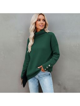 PARTIQ - Womens High-Cut Button Solid Loose Sweater - Green