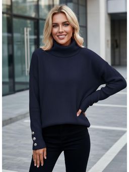 PARTIQ - Womens High-Cut Button Solid Loose Sweater - Blue