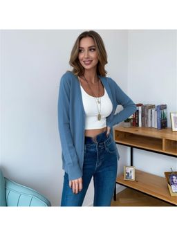 PARTIQ - Womens Button Fly Full-Sleeve Knitted Cardigan - Blue