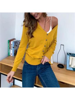 PARTIQ - Womens Button Fly Full-Sleeve Knitted Cardigan - Yellow