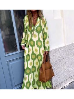 PARTIQ - Womens Printed V-Neck Long Dress - Green