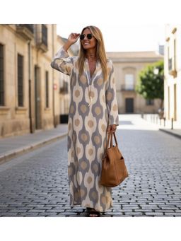 PARTIQ - Womens Printed V-Neck Long Dress - Grey