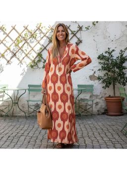 PARTIQ - Womens Printed V-Neck Long Dress - Red