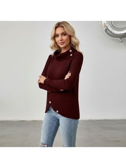 PARTIQ - Womens Full-Sleeved Irregular Knitted Pullover Top - Burgundy