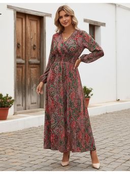 PARTIQ - Womens Winter New Temperament V-Neck Print Long-Sleeved Dress - Red