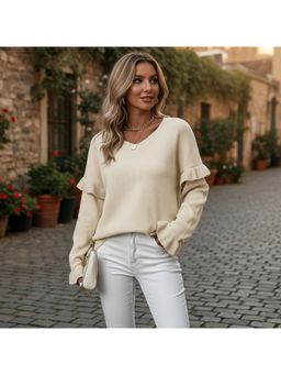PARTIQ - Womens Round Neck Petal Full Sleeves Sweater - Beige