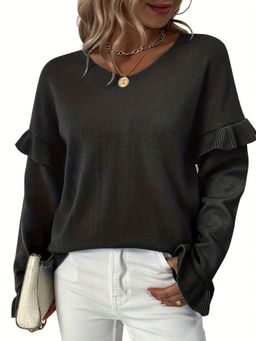 PARTIQ - Womens Round Neck Petal Full Sleeves Sweater - Black