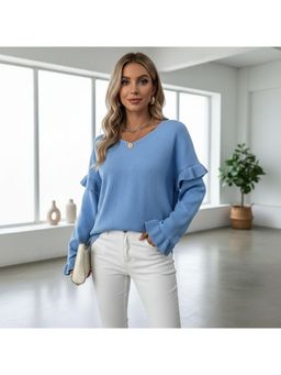 PARTIQ - Womens V-Neck Petal Full Sleeves Sweater - Blue