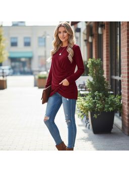 PARTIQ - Womens Cross Pleats Full Sleeves Top - Burgundy