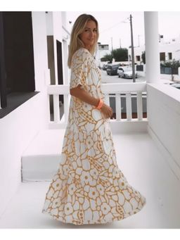 PARTIQ - Womens Half Sleeve Deep V-Neck Long Dress - Yellow