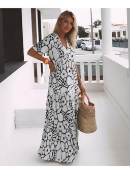 PARTIQ - Womens Half Sleeve Deep V-Neck Long Dress - Black