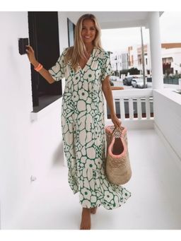 PARTIQ - Womens Half Sleeve Deep V-Neck Long Dress - Green