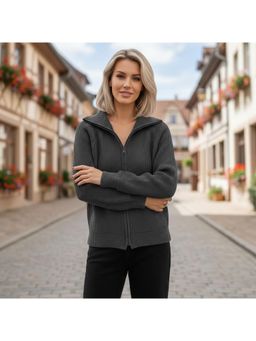 PARTIQ - Womens Textured Loose Knitted Full Sleeves Jacket - Grey