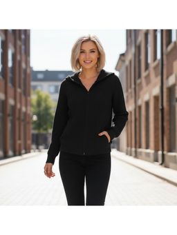 PARTIQ - Womens Textured Loose Knitted Full Sleeves Jacket - Black