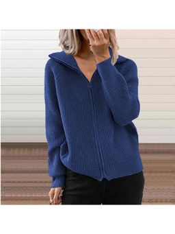 PARTIQ - Womens Textured Loose Knitted Full Sleeves Jacket - Blue