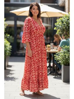 PARTIQ - Womens New Plus Size Loose Long Seaside Resort Beach Skirt V-Neck Floral Dress - Red