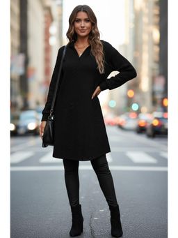 PARTIQ - Womens Knitted Jacquard Full-Sleeved Hooded Sweatshirt Dress - Black