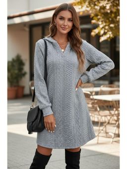 PARTIQ - Womens Knitted Jacquard Full-Sleeved Hooded Sweatshirt Dress - Grey