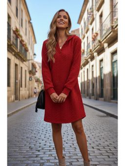 PARTIQ - Womens Knitted Jacquard Full-Sleeved Hooded Sweatshirt Dress - Red