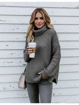 PARTIQ - Womens Thick Line Full Sleeve Turtleneck Pullover Sweater - Grey