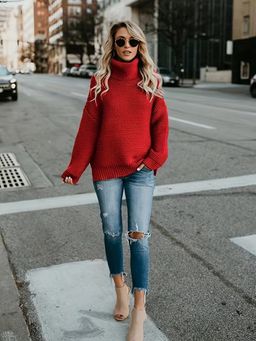 PARTIQ - Womens Thick Line Full Sleeve Turtleneck Pullover Sweater - Red