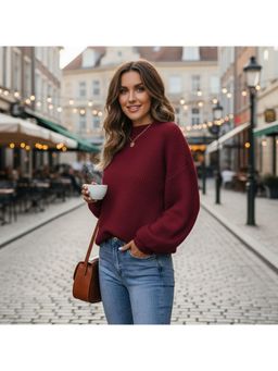 PARTIQ - Womens High Neck Textured Loose Pullover Sweater - Burgundy