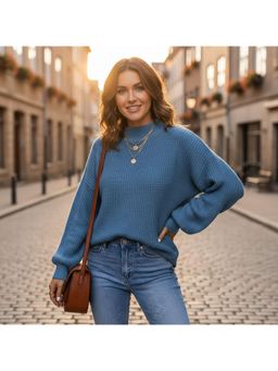 PARTIQ - Womens High Neck Textured Loose Pullover Sweater - Blue