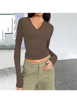 PARTIQ - Womens Full Sleeve Basic Slim Versatile Top - Brown