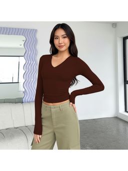 PARTIQ - Womens Full Sleeve Basic Slim Versatile Top - Brown