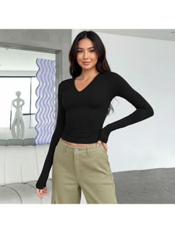 PARTIQ - Womens Full Sleeve Basic Slim Versatile Top - Black