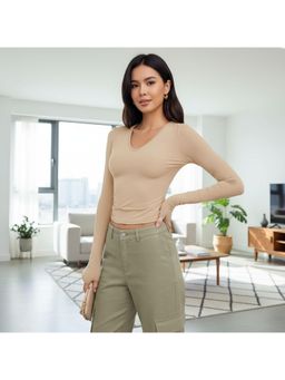 PARTIQ - Womens Full Sleeve Basic Slim Versatile Top - Beige