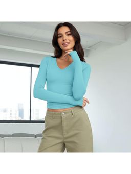 PARTIQ - Womens Full Sleeve Basic Slim Versatile Top - Blue