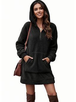 PARTIQ - Womens Double-Sided Fleece Hooded Loose Sweatshirt Dress - Black